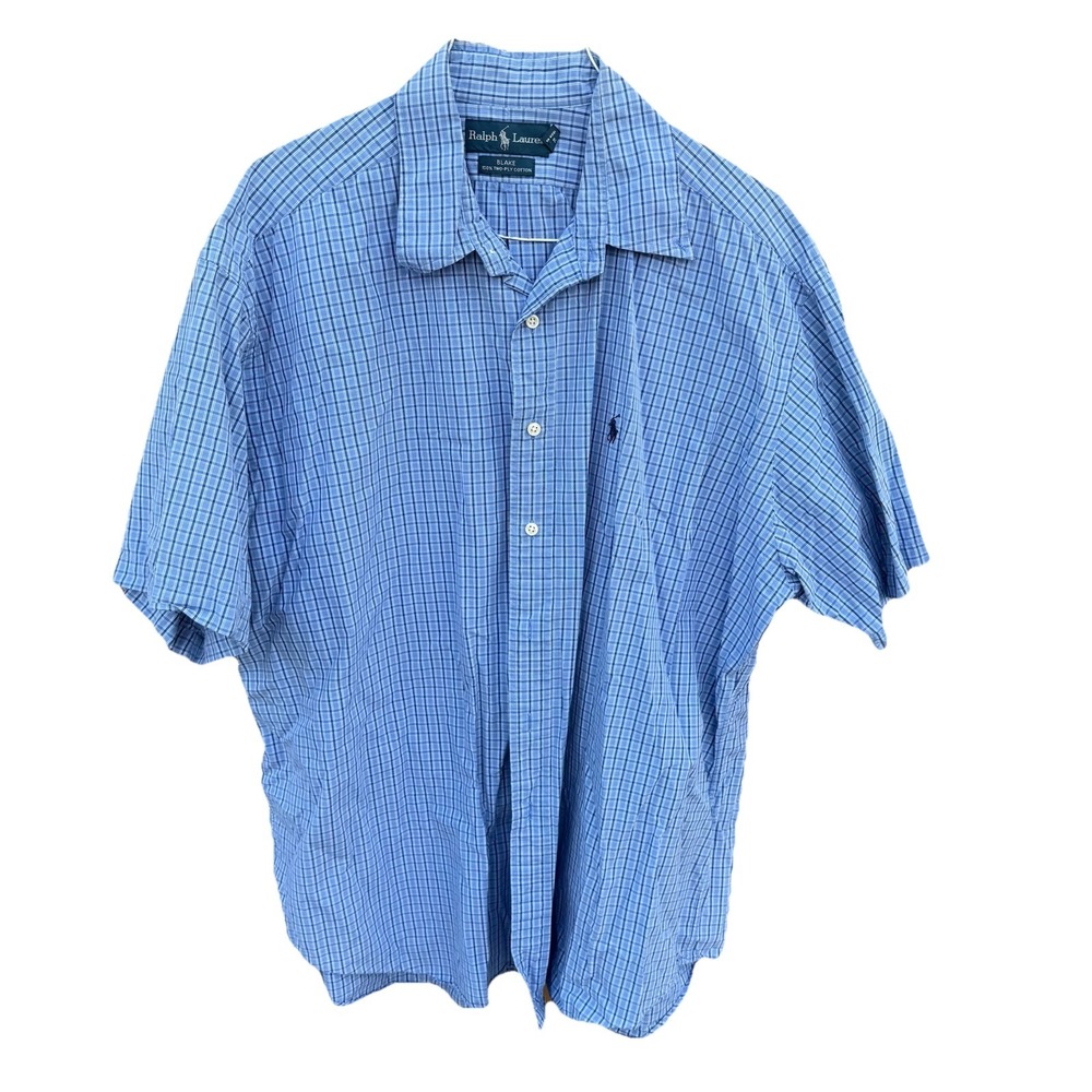 Ralph Lauren Blake Mens Shirt XL Blue Plaid Short Sleeve 100% Two-ply Cotton